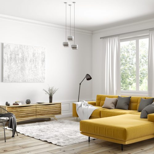 Modern interior design of scandinavian apartment, living room with yellow sofa, sideboard and black armchair 3d rendering