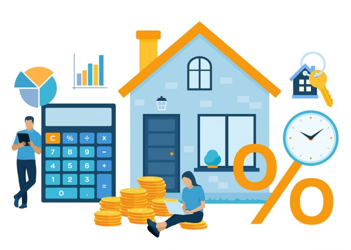 Mortgage concept. House loan or money investment to real estate. Property money investment contract. Family Buying Home. Man calculates home mortgage rate. Vector illustration with characters